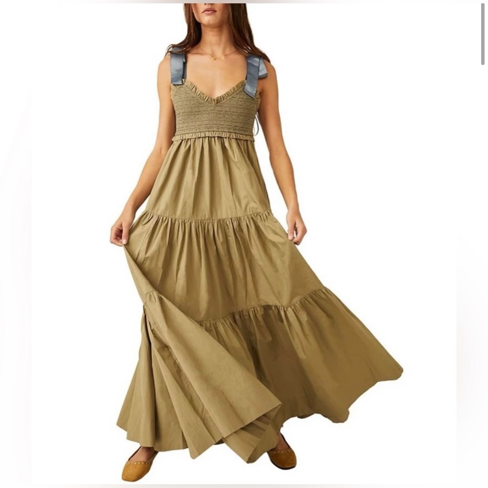 Free People Bluebell SoildV-Neck Sleeveless Tie Maxi Dress